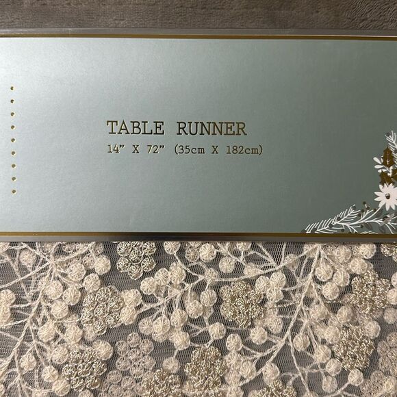 tinsel & fir Ivory Gold Embroidered Floral Winter Branches Lace Table Runner - Picture 6 of 11
